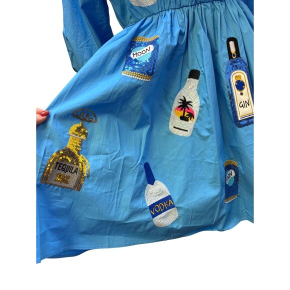 NWT Why Blue Sequin Patch Dress With Vodka & Gin Bottle Motifs S - Picture 5 of 7